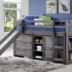 Gray Loft Bed w/ Slide, Drawers & Shelving – Complete Set
