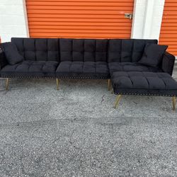 NEW!  Black Velvet Sectional Sleeper Sofa 🚛 SAME DAY DELIVERY