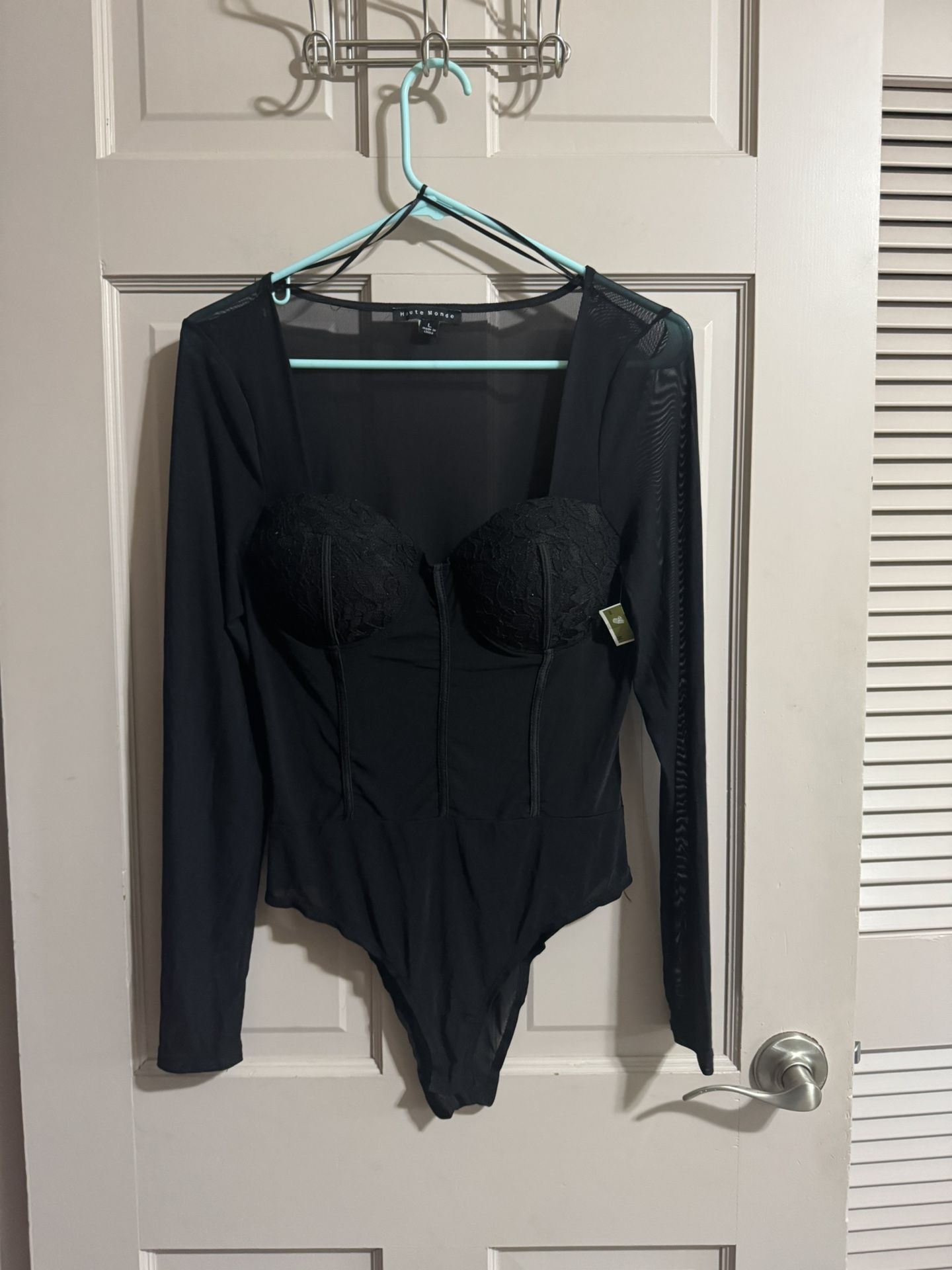 Women’s Lacey Sheer Black Bodysuit NWT Size Large