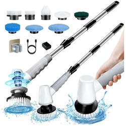 Electric Spin Scrubber, Cordless Cleaning Brush with 8 Replaceable Brush Heads, Shower Scrubber and Adjustable Extension Handle, 2 Speeds Shower Clean