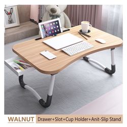 PHANCIR Foldable Lap Desk, 23.6 Inch Portable Wood Laptop Desk Table Workspace Organizer Bed Tray with iPad Slots, Cup Holder and Drawer, Anit-Slip fo