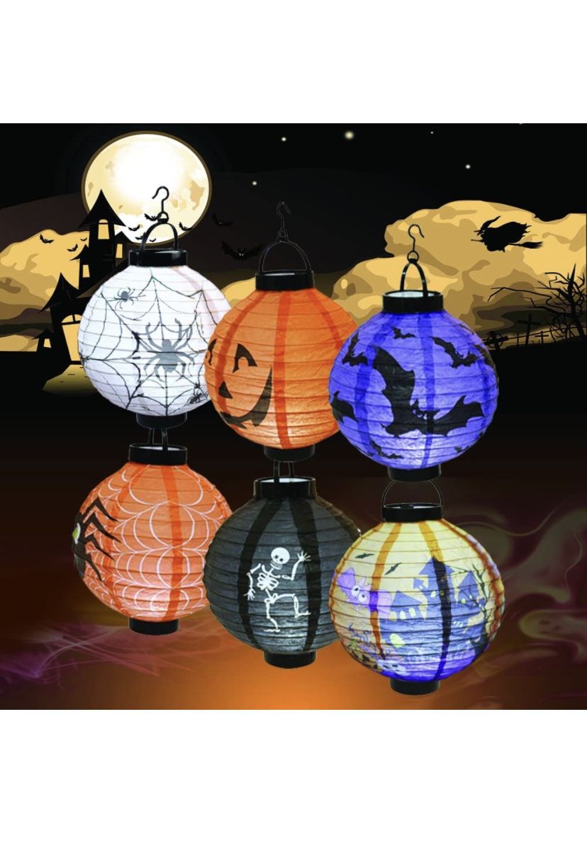 Halloween Decorations Paper Lanterns with LED Light for Holiday Home Party, 6 Pcs,