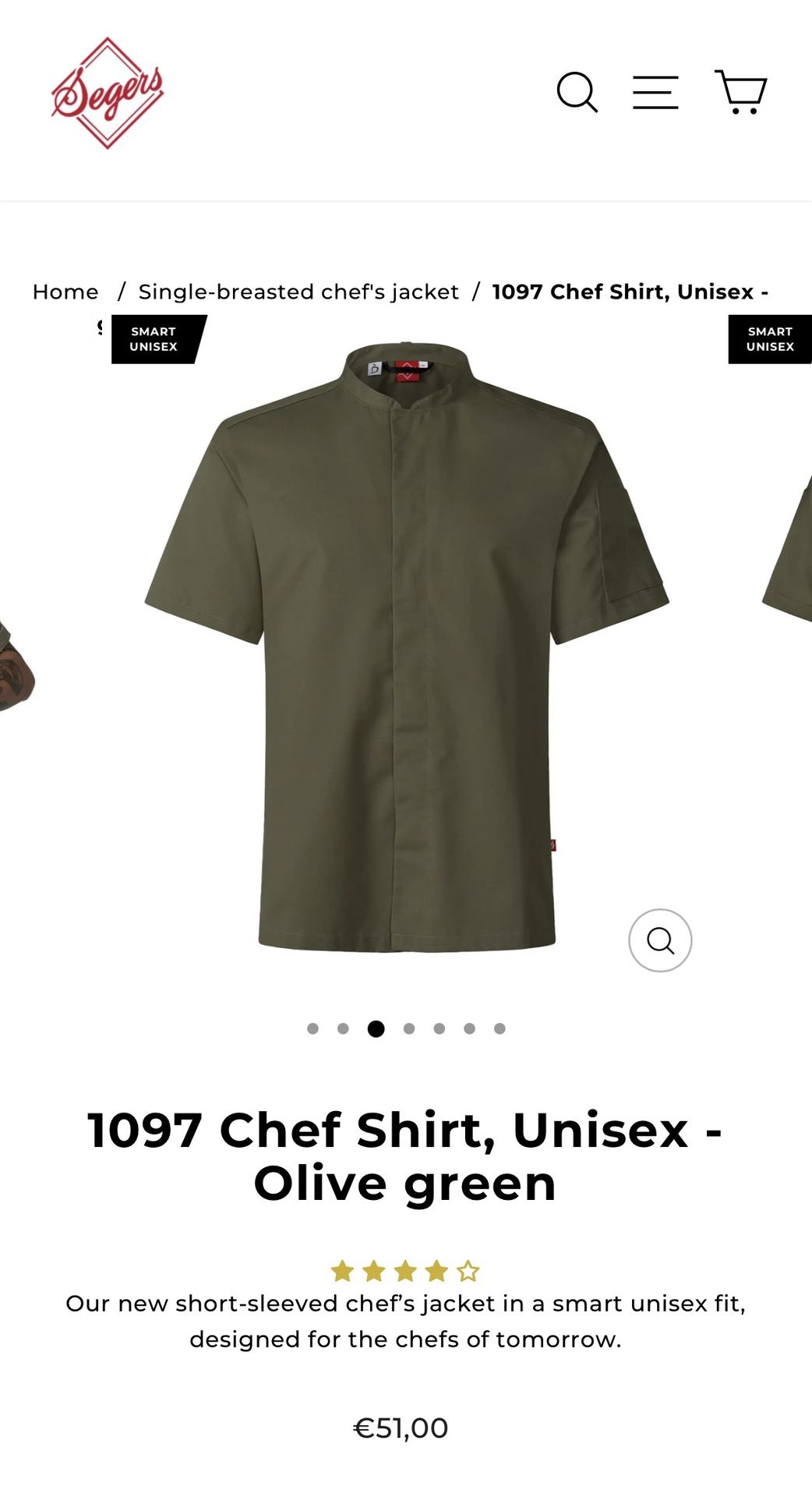 Segers Chef Shirts Size XL Green 
