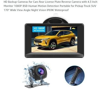 HD Backup Cameras for Cars Rear License Plate Reverse Camera with 4.3 Inch Monitor 1080P BSD Human Motion Detection Portable for Pickup Truck SUV 170°