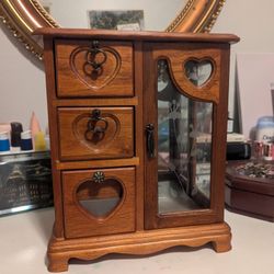 Vintage Wood Jewelry Bx, Etched Glass, Mirror, Necklace And Ring Racks, 3 Drwr W/ Insert