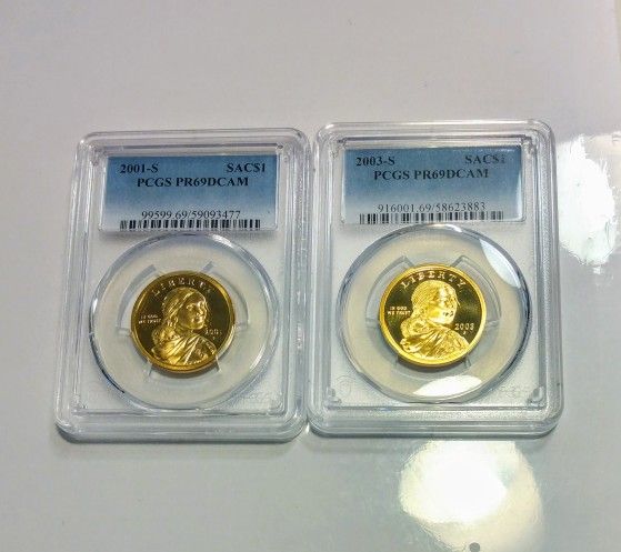 2 - SACAGAWEA $1 DOLLAR CERTIFIED COINS 2001 S & 2003 S - VERY NICE TO COLLECT