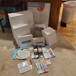 Lot Of Blank Canvas, Paint Brushes, Stencils & Paint Pallets 