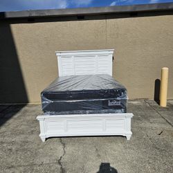 White Queen Size Solid Wood Hilton Bed Frame  With Brand New Queen Size Plush Mattress And Box Spring In Plastic 