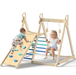 4 in 1 Indoor Jungle Gym, Foldable Wooden Climbing Set with Swing, Slide, Ladder and Climbing Wall, Montessori Philosophy Climber Playset for Kids Age