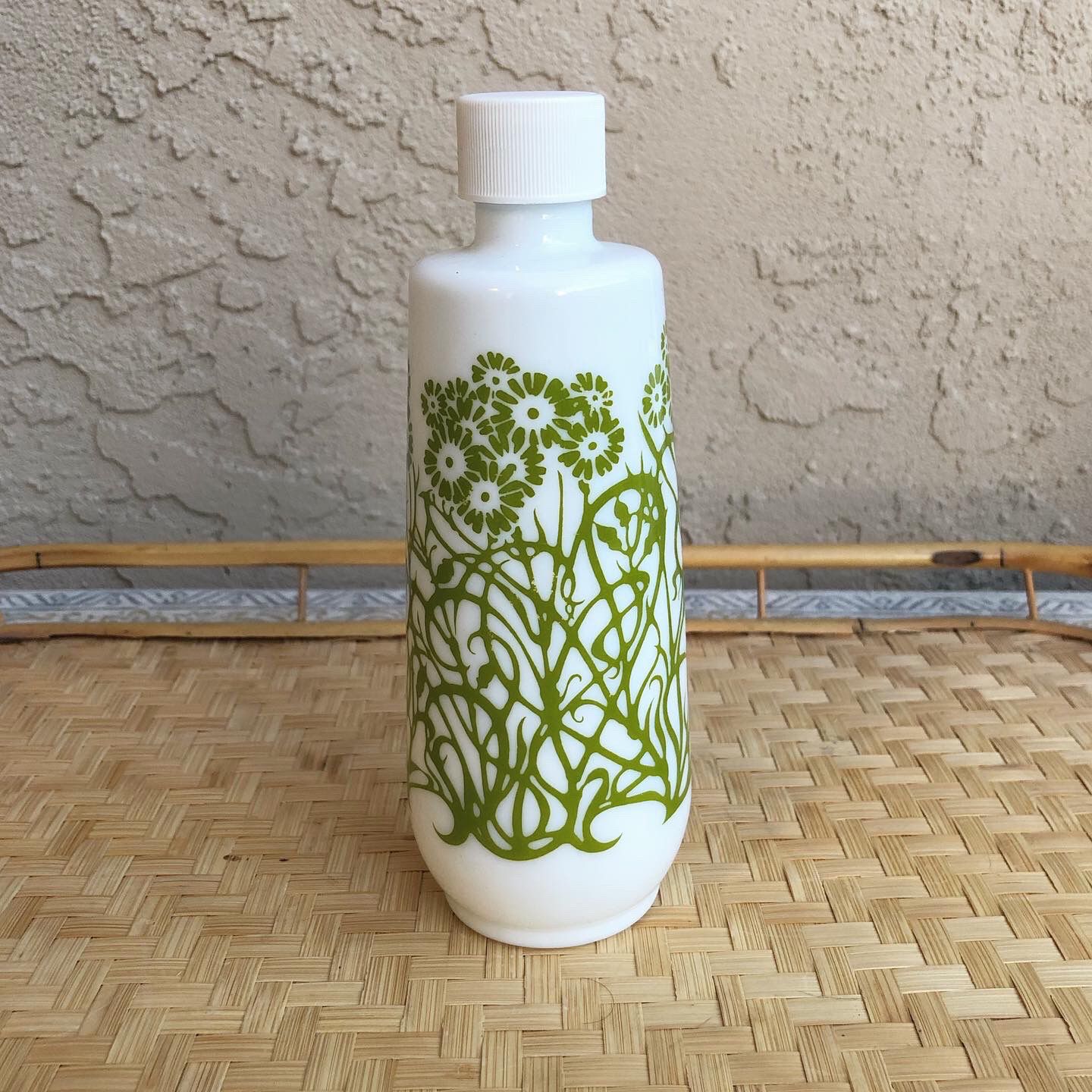 Vintage White Glass Bottle with Green Flowers