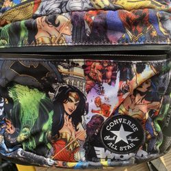 Converse Chuck Taylor All Star backpack, featuring a Justice League comic book print. It appears to be a licensed product from the early 2000s when Co