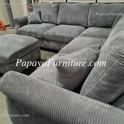 Dark Grey Sectional Sofa and Ottoman Set Couch Fabric Corner Ashley Style Modern Classic High Back Cushion Gray Green Black Ivory White Beige Big SALE