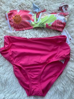 Sanctuary Floral Bandeau Bikini Top with Hot Pink High-Waist Bottoms size small