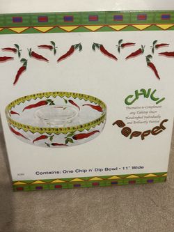 Chip & Dip Glass Set With Red Chili Peppers 11” Wide (New)