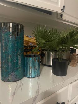 Teal Mosaic Glass Vases Set of 2