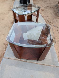 Pair of  Contemporary Dark Cherry & Glass End Tables