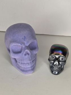 Purple Flocked Resin Skull and Oil Slick Plastic Skull Halloween Decor Lot
