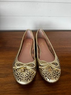 Kate Spade Gold Metallic Laser Cut Leather Ballet Flats Bow Spade 5.5