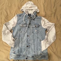 Mens Hollister Distressed Hooded Denim Jacket Jersey Sleeves Hoodie Size M