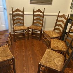 Vintage set of 6 Rustic Ladder back  Dubbing Chairs Woven Rush Seat