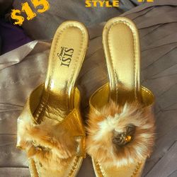 ISIS PINUP GOLD WEDGE HEELS FUR SHOES