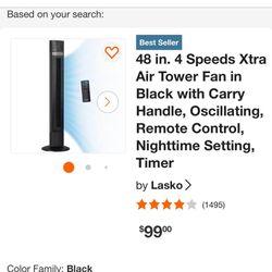 48 in. 4 Speeds Xtra Air Tower Fan in Black with Carry Handle, Oscillating, Remote Control, Nighttime Setting, Timer