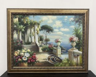Beautiful Large Oil Painting "Balcony at Lake Como” by Art Fronckowiak