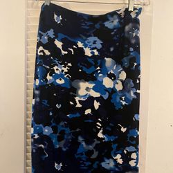 LEITH Blue & Black Floral Stretch Jersey Midi Skirt pull-on elasticized waist, SIZE L