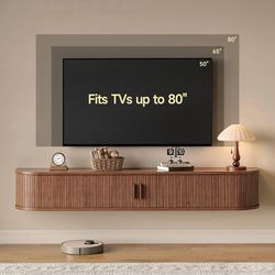 71" Floating TV Stand with Power Outlet for TVs up to 80", Walnut Fluted Entertainment Center with Remote Control for LED Lights, Mid-Century Modern T