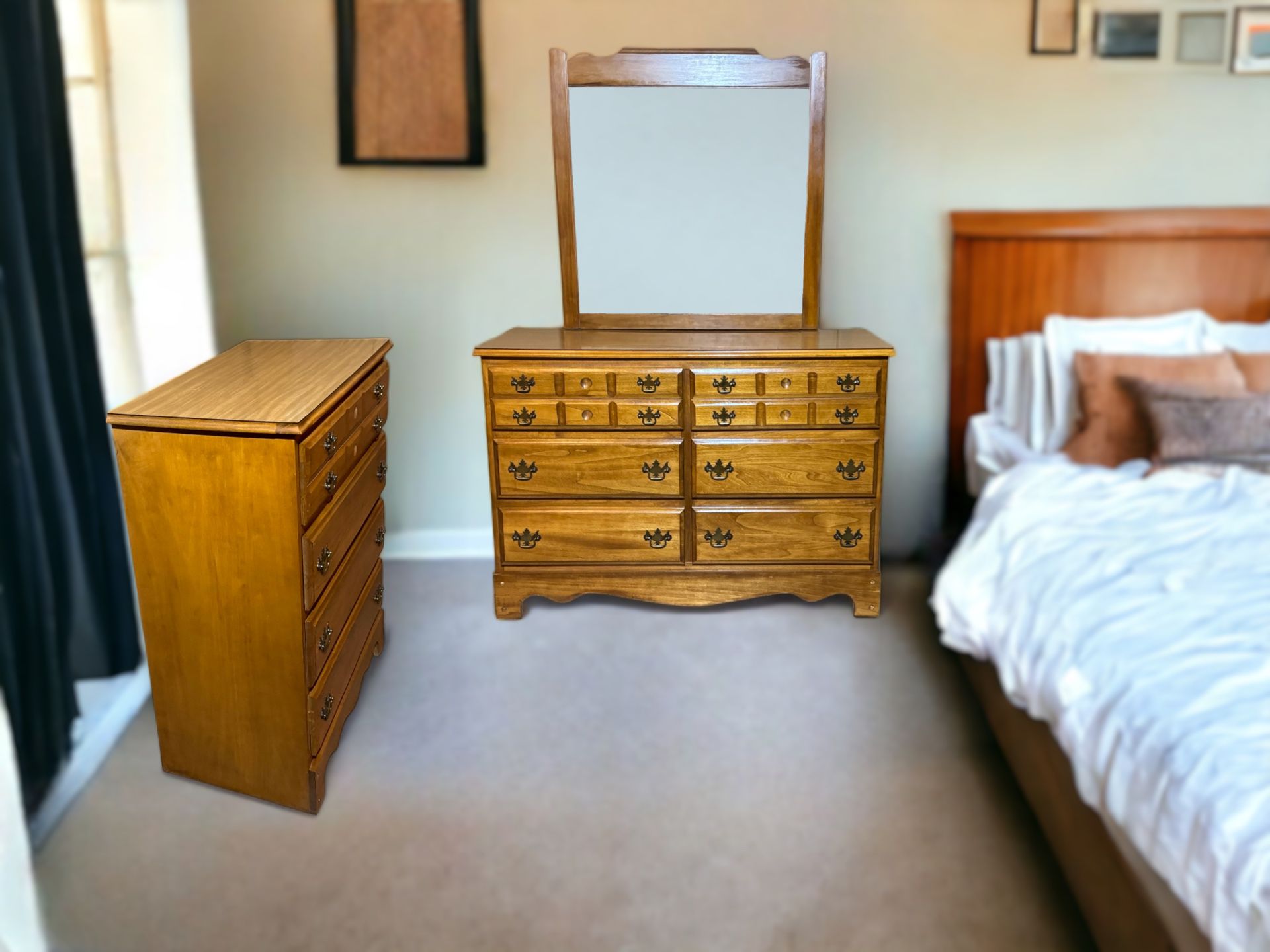Light Brown Tall Dresser, Wide Dresser & Mirror Bedroom Set
