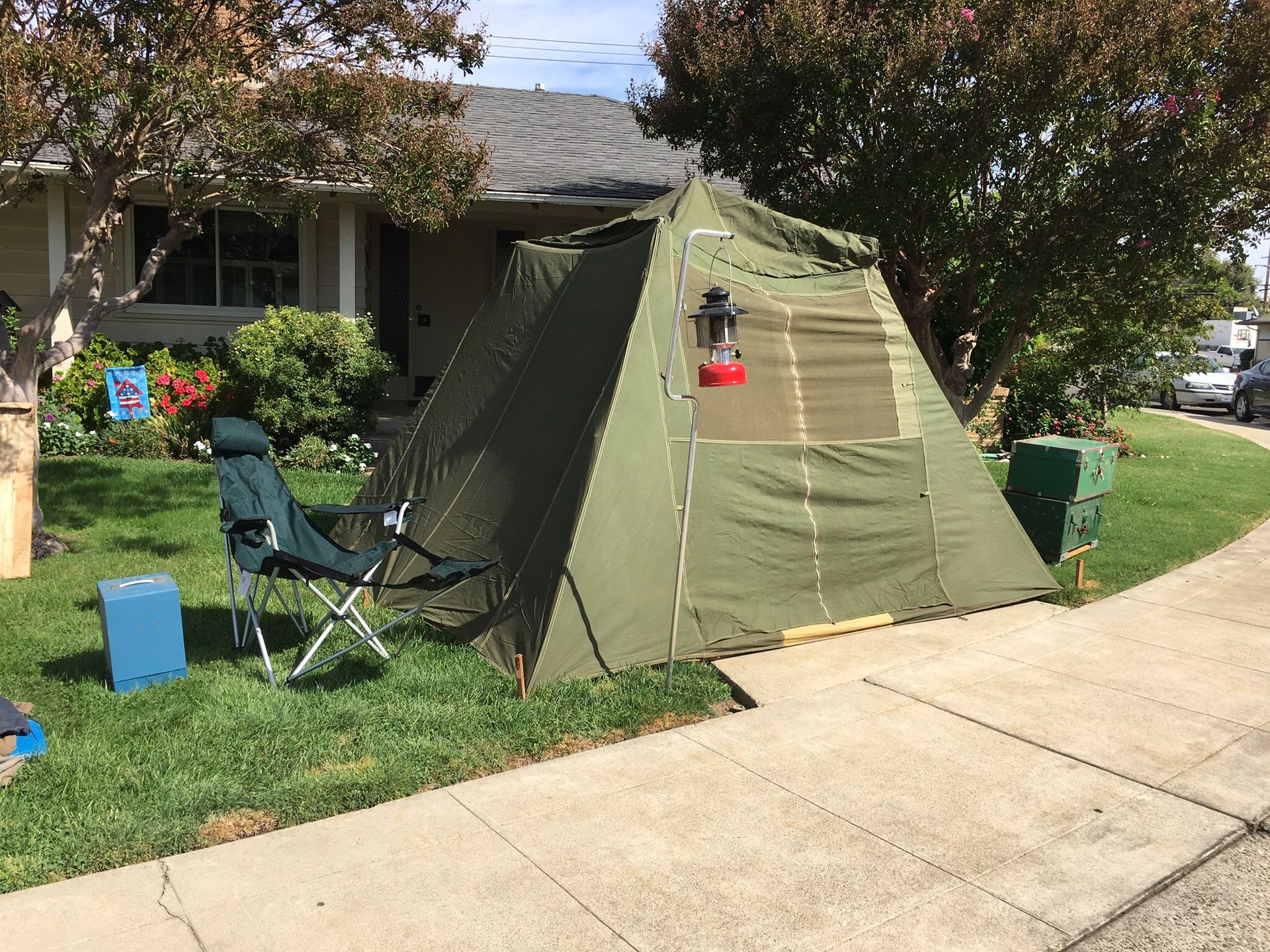 1920’s 30’s era umbrella Palmetto tent pre-World War II Army shelter duck. 9 x 11’6”mfg. by Suntent Luebbert co. SF. Ca
