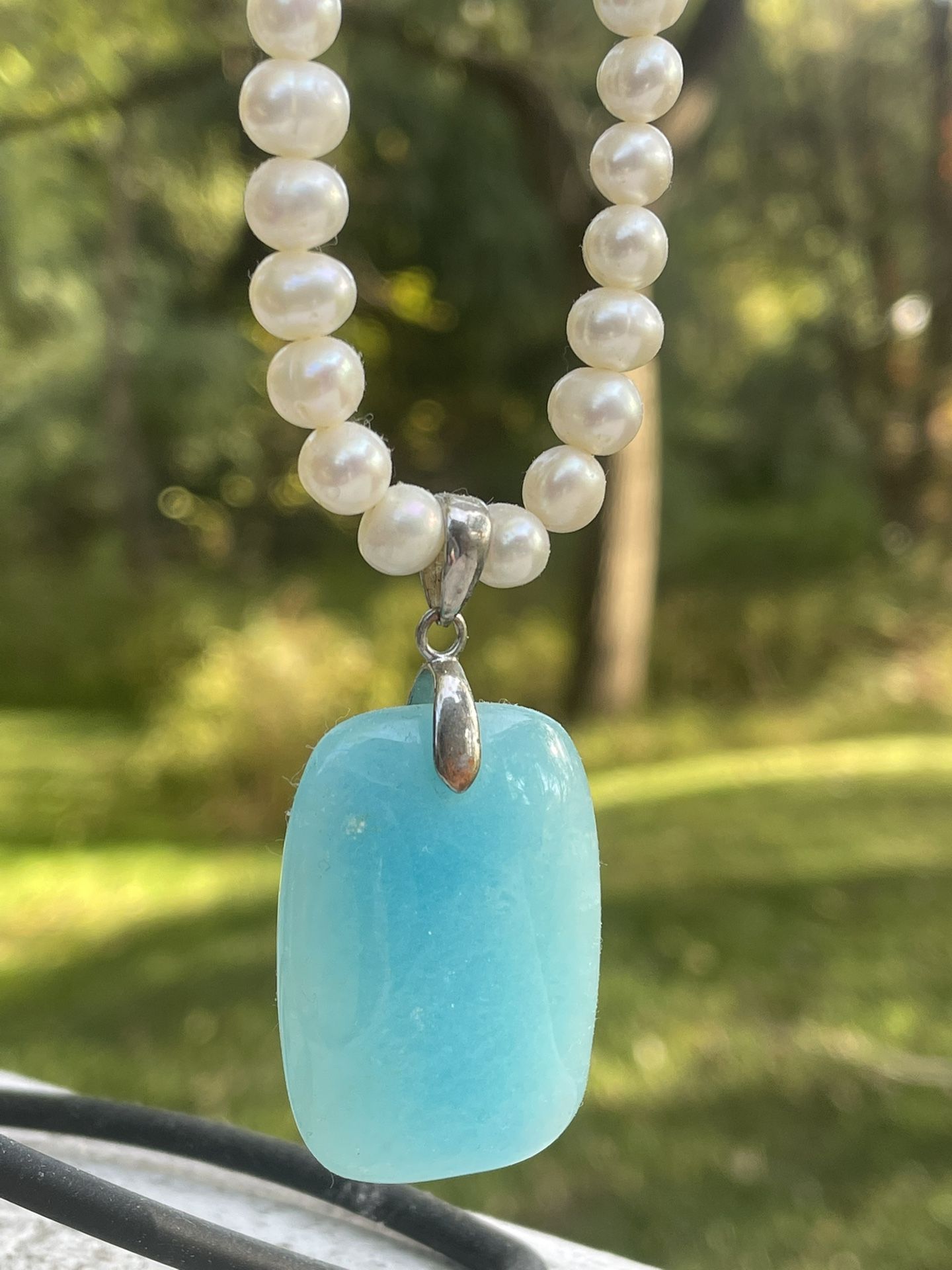 Natural Hemimorphite Radiant Shape Cabochon Gemstone/Pearl necklace