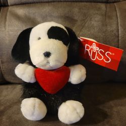 Russ Berrie Bingo Black White Puppy Dog Plush Heart 5½" 