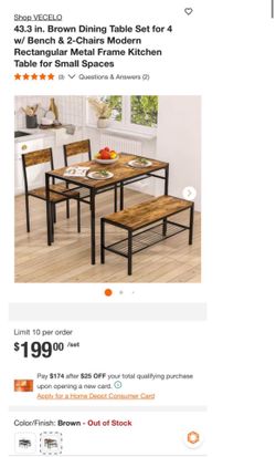 Brown Dining Table Set for 4 w/ Bench & 2-Chairs Modern Rectangular Metal Frame Kitchen Table