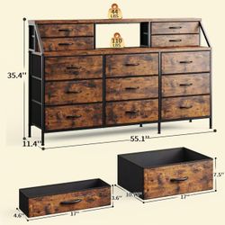 🥨55" W Dresser for Bedroom, Dressers & Chests of Drawers with 13 Fabric Drawers and 2 Open Shelves, Long Dresser for Girls Bedroom & Closet