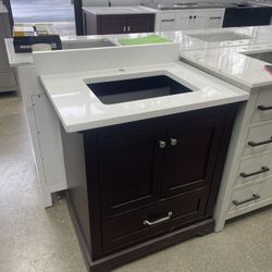 Bathroom vanity cabinet 30” solid Birch Quartz top with sink and backsplash 
