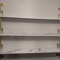3-Tier Modern Wall Mounted Shelves Long Floating Shelving in White & Gold