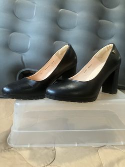 Black Leather Block Heel Pumps