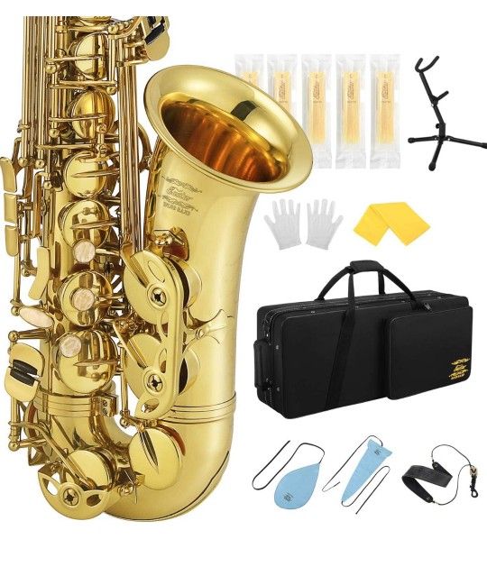 Eastar Professional Alto Saxophone E Flat Alto Saxophone Eb Saxophone Gold With Cleaning Cloth, Carrying Case, Mouthpiece, Neck Strap, Reeds and Stand