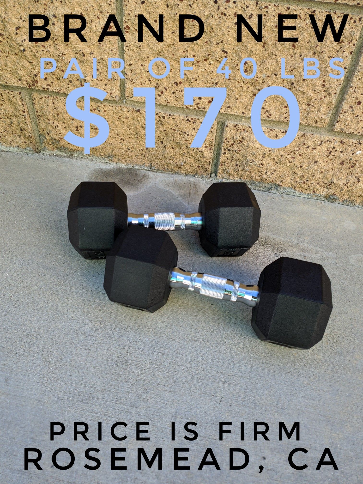 Pair of 40 lb rubber encased Hex dumbbells pounds
