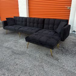 NEW!  Black Velvet Sectional Sleeper Sofa 🚛 SAME DAY DELIVERY