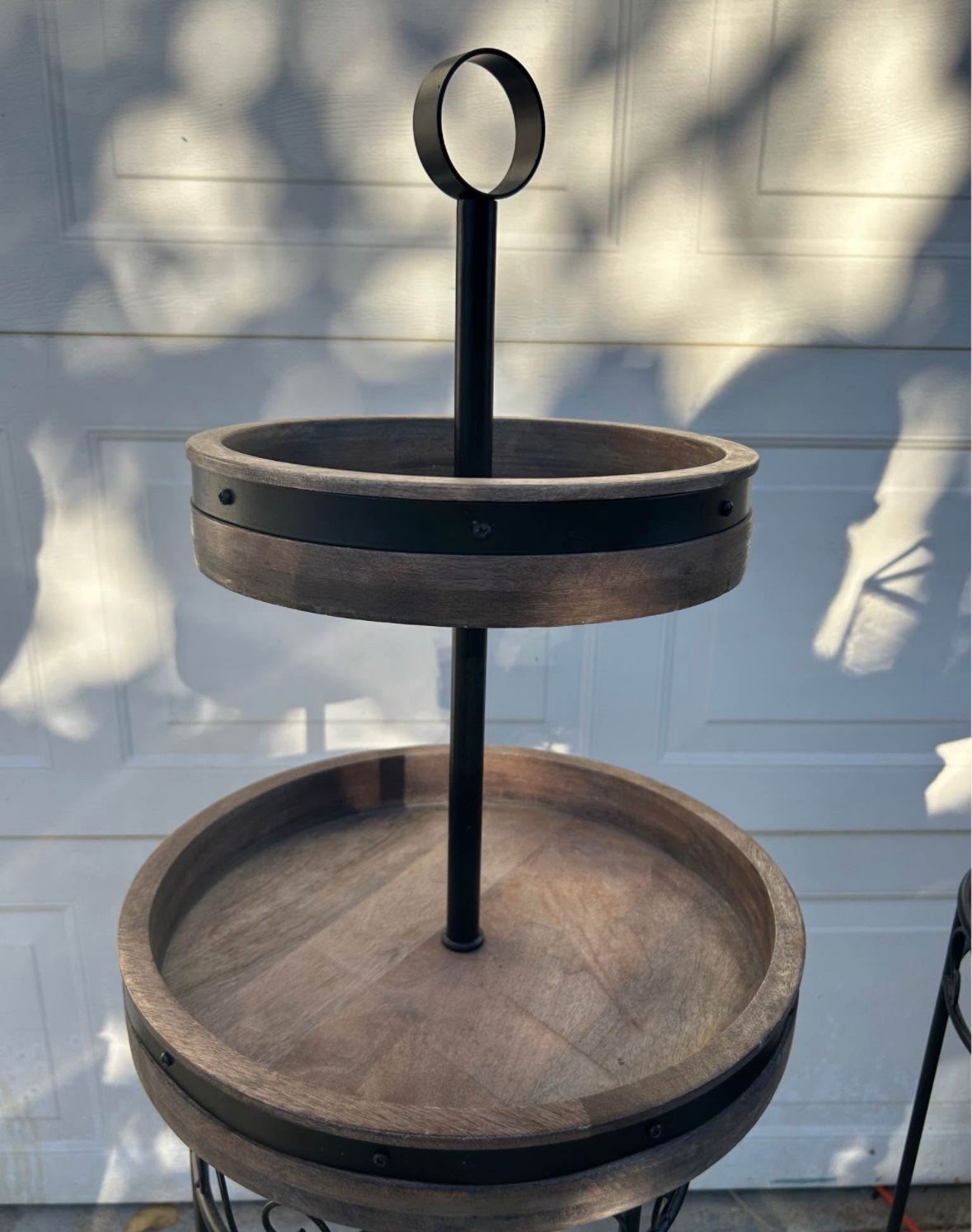 Rustic round two tiered wooden tray