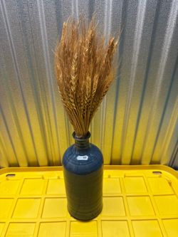 Blue Ceramic Bottle Vase with Dried Wheat Bouquet