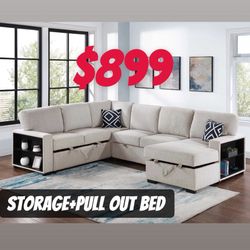 4-Piece Convertible Sectional Sleeper Sofa W/Fold-Down Table, Chaise Storage, Wireless Charging & Built-in Shelf