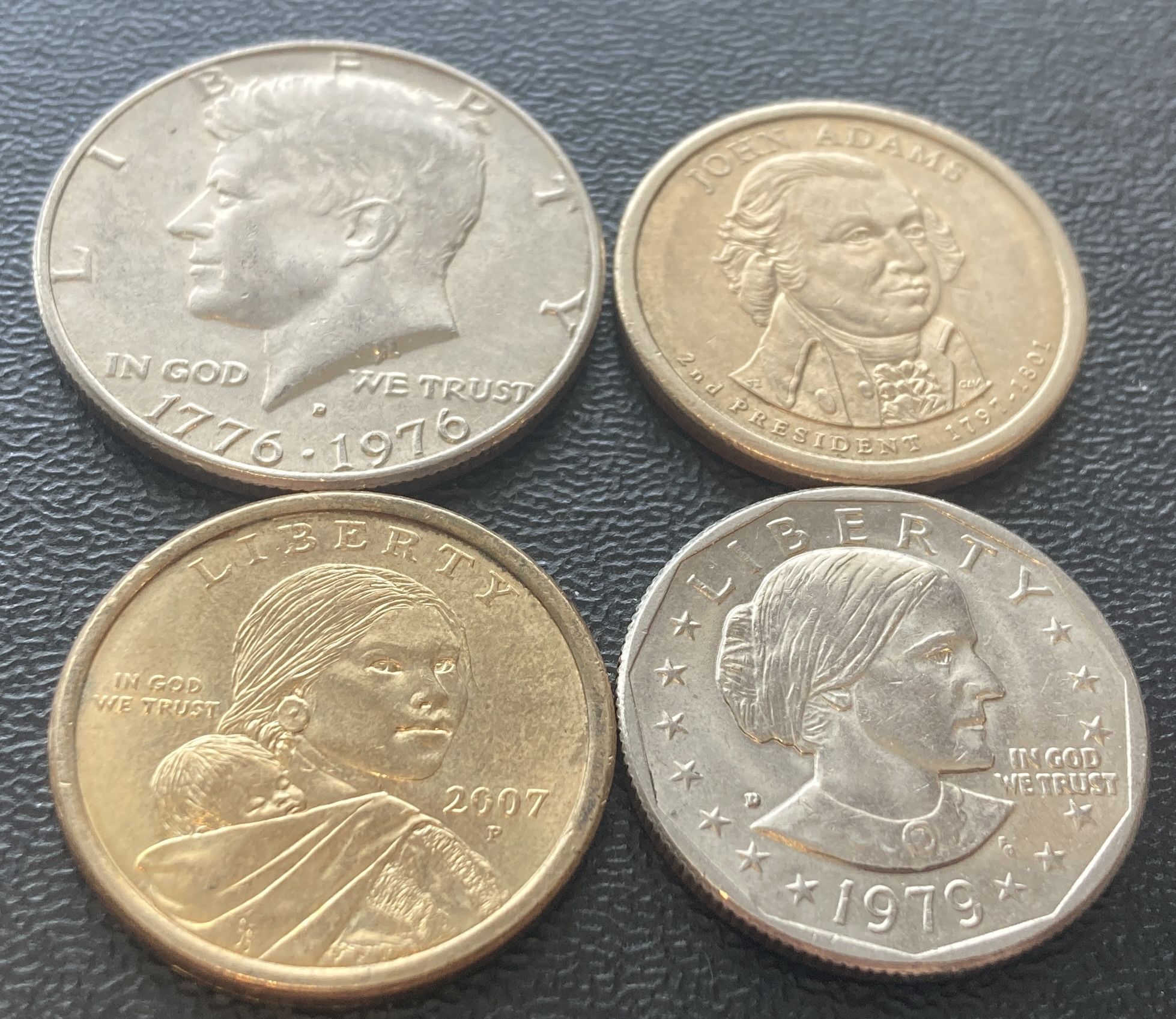 Four Coins Collection Sacagawea Dollar + Susan B Anthony + Presidential Dollar + Kennedy Half US Coin Set
