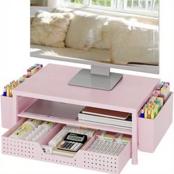 2-Tier Computer Monitor Stand Riser with Drawer and 2 Pen Holders— pink