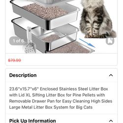 23.6"x15.7"x6" Enclosed Stainless Steel Litter Box with Lid XL Sifting Litter Box for Pine Pellets with Removable Drawer Pan for Easy Cleaning High Si