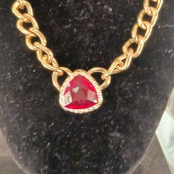 Large Gold Tone Chain With Beautiful Red and White Crystal Pendant Just In Time For VALENTINES DAY 💝 