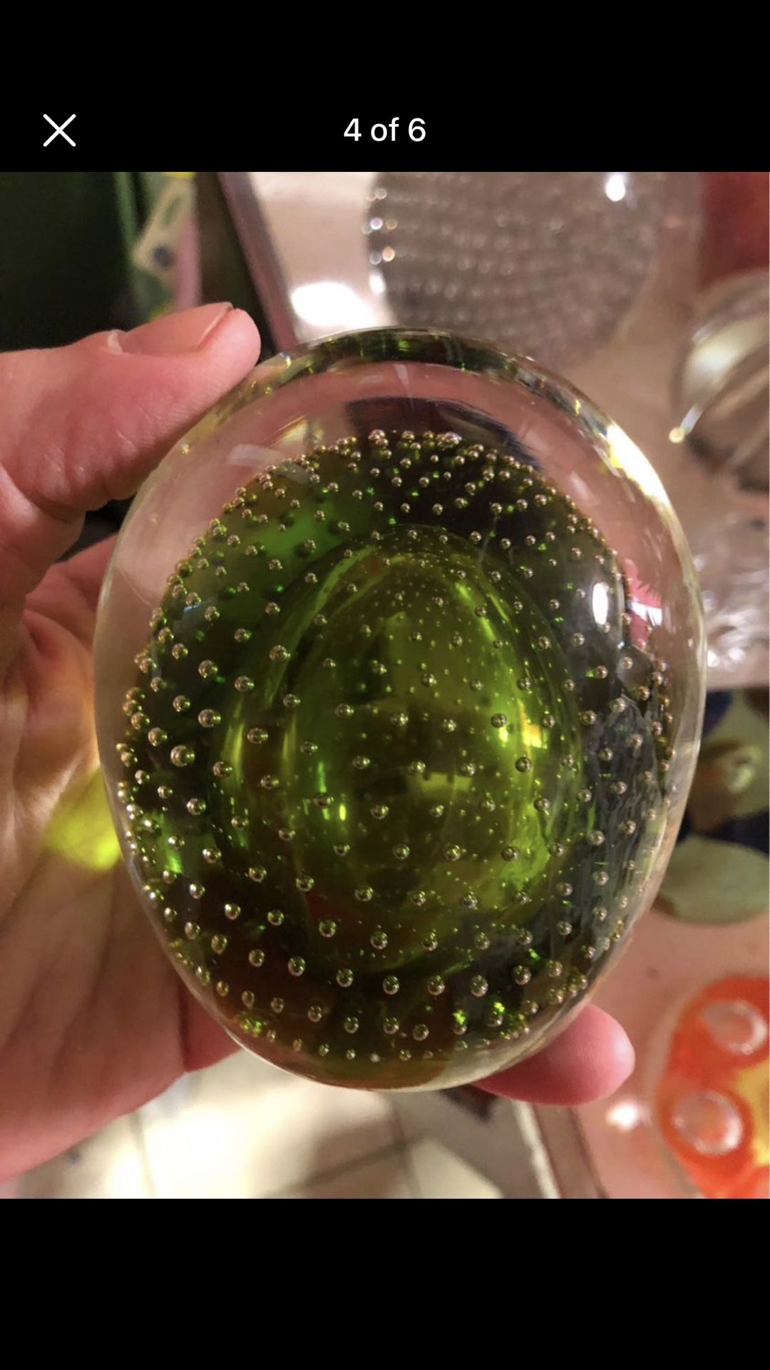 Vintage bullicante controlled bubbles clear paperweight with emerald green inside See Description