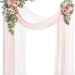 Ling's Moment Pink Artificial Wedding Arch Flowers Kit Pack of 4, 2pcs Hanging Flower Arrangement 2pcs Chiffon Drapes Ceremony Reception Spring Silk R